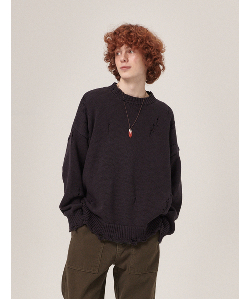 FLATWAVE IN SEOUL（フラットウェーブインソウル）の「Ripsy Vintage Damaged Round Knit Dark Navy（ニット/セーター・メンズ・その他・MEDIUM/LARGE）」の3枚目の写真