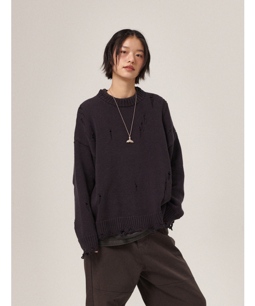 FLATWAVE IN SEOUL（フラットウェーブインソウル）の「Ripsy Vintage Damaged Round Knit Dark Navy（ニット/セーター・メンズ・その他・MEDIUM/LARGE）」の5枚目の写真