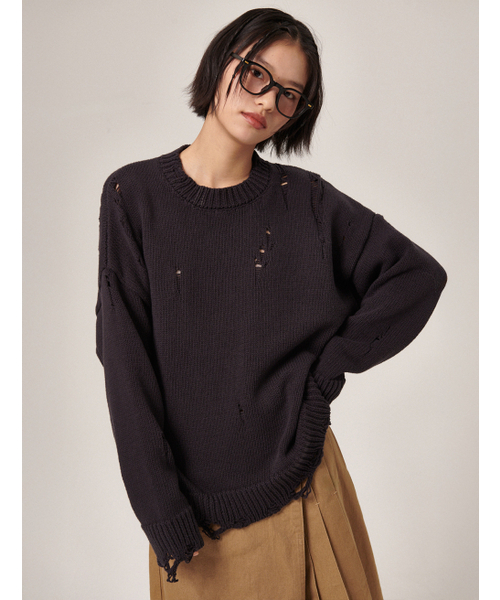 FLATWAVE IN SEOUL（フラットウェーブインソウル）の「Ripsy Vintage Damaged Round Knit Dark Navy（ニット/セーター・メンズ・その他・MEDIUM/LARGE）」の6枚目の写真