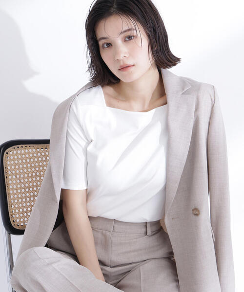 NATURAL BEAUTY BASIC(ナチュラルビューティーベーシック)の「<接触冷感>◇ベーシックTシャツ スクエアネック(Tシャツ/カットソー・レディース・ブラック/オフホワイト/グレー・FREE)」の1枚目の写真