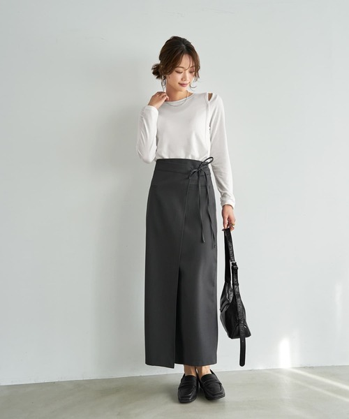 STYLE DELI（スタイルデリ）の「スタイリッシュラップスカート（スカート・レディース・ブラック/チャコールグレー・SMALL/MEDIUM）」の6枚目の写真