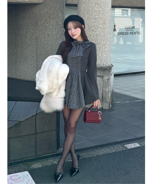 チェックストライプバルーンミニワンピース（ワンピース）｜Darich