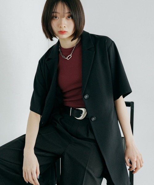 PAGEBOY(ページボーイ)の「シアバスウエストベルトショートスリーブジャケット【セットアップ対応】(テーラードジャケット・レディース・グレー/ブラック/ブラウン/テラコッタ・FREE)」の1枚目の写真