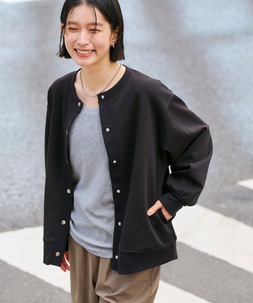 CROSS FUNCTION（クロスファンクション）の「《UV》エブ楽 ドットボタンスウェットカーディガン【CROSS FUNCTION/クロスファンクション】（カーディガン/ボレロ・レディース・ブラック/杢グレー・M/L/LL）」の2枚目の写真
