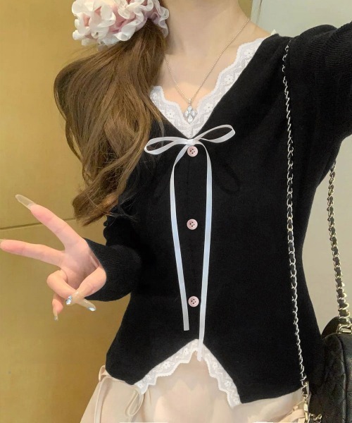 Miniministore(ミニミニストア)の「リボンニットトップスレース切り替え 長袖(Tシャツ/カットソー・レディース・アイボリー/ブラック・FREE)」の1枚目の写真