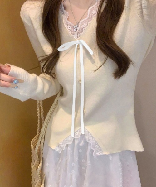 Miniministore(ミニミニストア)の「リボンニットトップスレース切り替え 長袖(Tシャツ/カットソー・レディース・アイボリー/ブラック・FREE)」の22枚目の写真