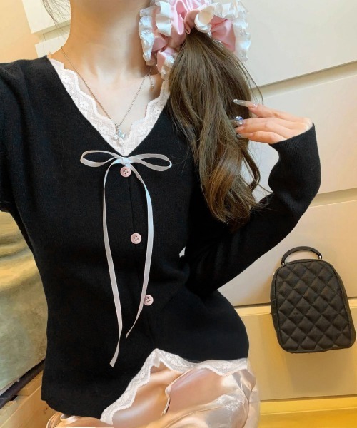 Miniministore(ミニミニストア)の「リボンニットトップスレース切り替え 長袖(Tシャツ/カットソー・レディース・アイボリー/ブラック・FREE)」の3枚目の写真