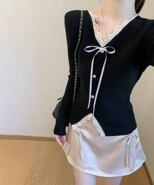 Miniministore(ミニミニストア)の「リボンニットトップスレース切り替え 長袖(Tシャツ/カットソー・レディース・アイボリー/ブラック・FREE)」の5枚目の写真