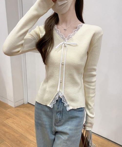 Miniministore(ミニミニストア)の「リボンニットトップスレース切り替え 長袖(Tシャツ/カットソー・レディース・アイボリー/ブラック・FREE)」の6枚目の写真