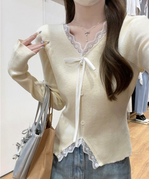 Miniministore(ミニミニストア)の「リボンニットトップスレース切り替え 長袖(Tシャツ/カットソー・レディース・アイボリー/ブラック・FREE)」の7枚目の写真