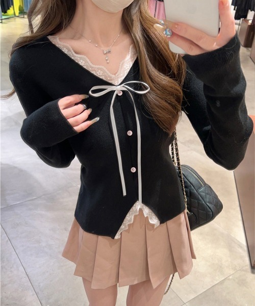 Miniministore(ミニミニストア)の「リボンニットトップスレース切り替え 長袖(Tシャツ/カットソー・レディース・アイボリー/ブラック・FREE)」の8枚目の写真