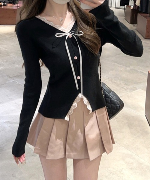 Miniministore(ミニミニストア)の「リボンニットトップスレース切り替え 長袖(Tシャツ/カットソー・レディース・アイボリー/ブラック・FREE)」の9枚目の写真