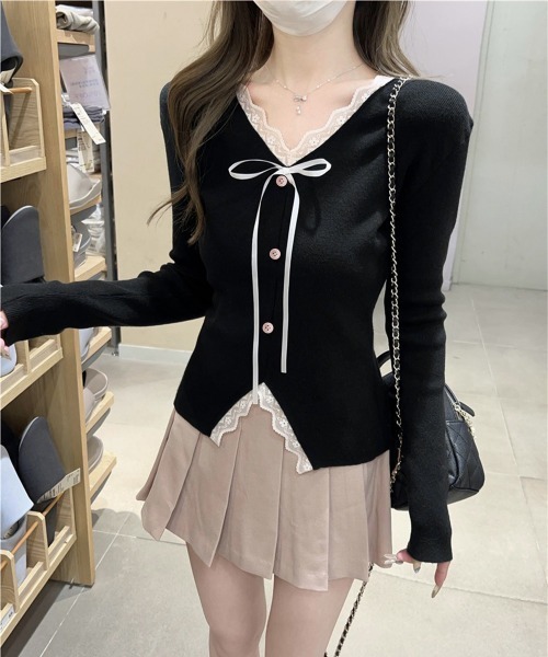 Miniministore(ミニミニストア)の「リボンニットトップスレース切り替え 長袖(Tシャツ/カットソー・レディース・アイボリー/ブラック・FREE)」の10枚目の写真