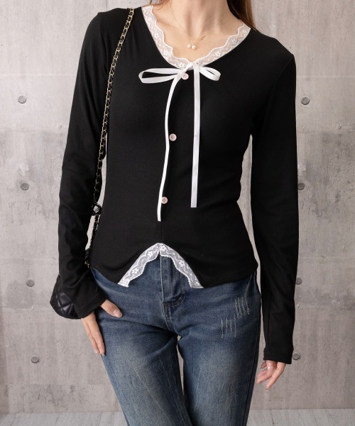 Miniministore(ミニミニストア)の「リボンニットトップスレース切り替え 長袖(Tシャツ/カットソー・レディース・アイボリー/ブラック・FREE)」の11枚目の写真