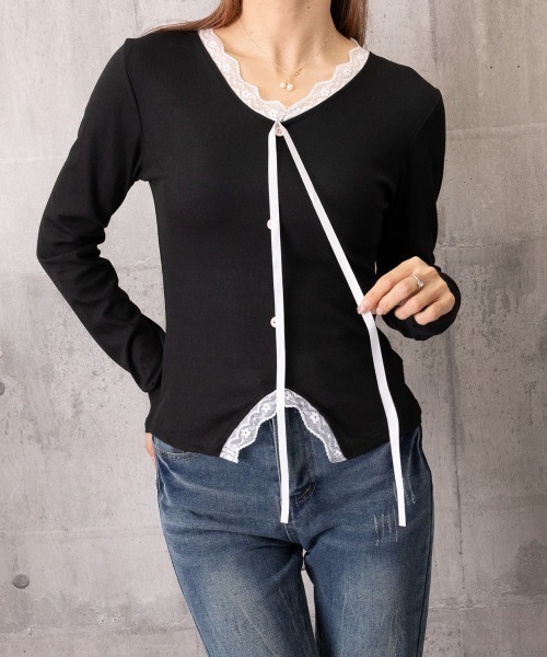 Miniministore(ミニミニストア)の「リボンニットトップスレース切り替え 長袖(Tシャツ/カットソー・レディース・アイボリー/ブラック・FREE)」の12枚目の写真
