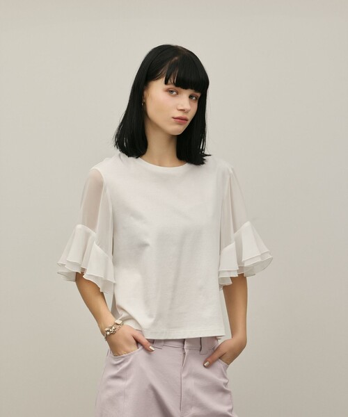 Diagram(ダイアグラム)の「シフォンスリーブカットトップ(Tシャツ/カットソー・レディース・ホワイト/ブラック・36)」の2枚目の写真