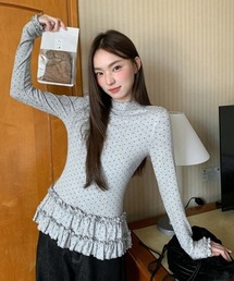 ドット柄 袖&裾フリル ハイネック長袖トップス