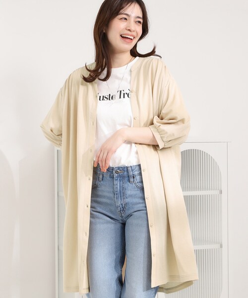 SHOO・LA・RUE(シューラルー)の「【洗濯機可/S-LL】1枚でも羽織でも キーネックシャツワンピース(ワンピース・レディース・ライトベージュ/ブラック/オレンジ・04/03/02/01)」の1枚目の写真