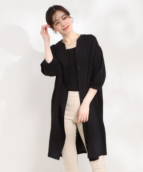 SHOO・LA・RUE(シューラルー)の「【洗濯機可/S-LL】1枚でも羽織でも キーネックシャツワンピース(ワンピース・レディース・ライトベージュ/ブラック/オレンジ・04/03/02/01)」の4枚目の写真