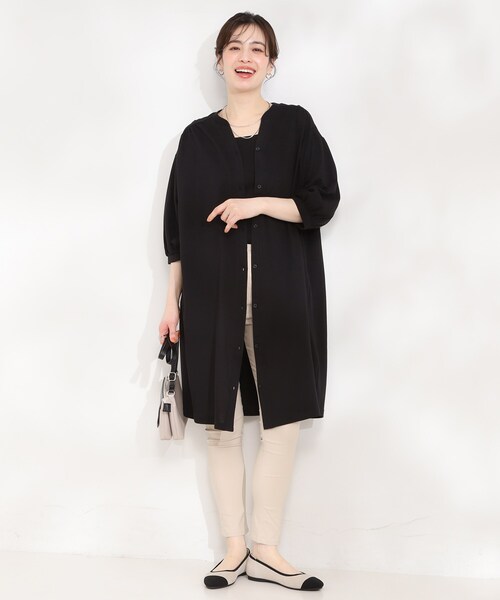 SHOO・LA・RUE(シューラルー)の「【洗濯機可/S-LL】1枚でも羽織でも キーネックシャツワンピース(ワンピース・レディース・ライトベージュ/ブラック/オレンジ・04/03/02/01)」の6枚目の写真