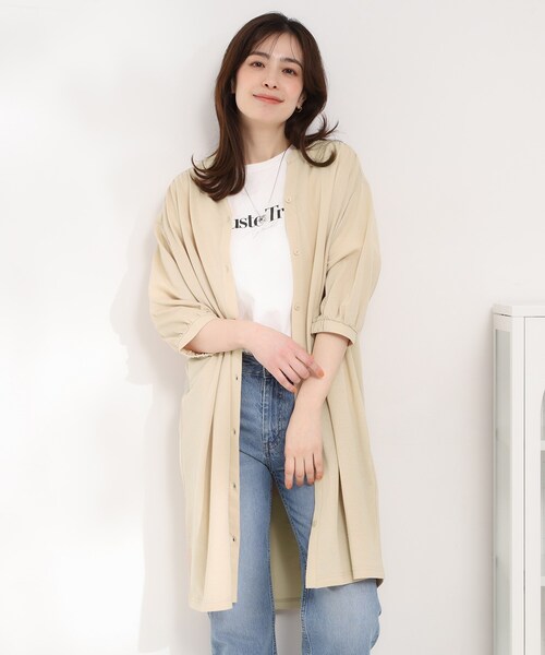 SHOO・LA・RUE(シューラルー)の「【洗濯機可/S-LL】1枚でも羽織でも キーネックシャツワンピース(ワンピース・レディース・ライトベージュ/ブラック/オレンジ・04/03/02/01)」の8枚目の写真