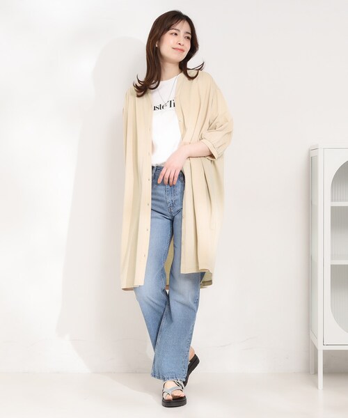 SHOO・LA・RUE(シューラルー)の「【洗濯機可/S-LL】1枚でも羽織でも キーネックシャツワンピース(ワンピース・レディース・ライトベージュ/ブラック/オレンジ・04/03/02/01)」の10枚目の写真
