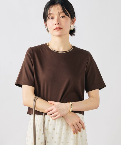 NOLLEY’S Sophi（ノーリーズソフィ）の「《手洗い可能》W&Wショート丈Tシャツ（Tシャツ/カットソー・レディース・ダークブラウン/ダークネイビー/ホワイト/サックスブルー・38）」の2枚目の写真