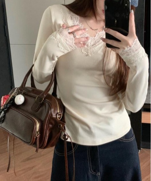 INASTUDIOS(イーナストゥディオス)の「レーストリム Vネックカットソー レディース 長袖(Tシャツ/カットソー・レディース・ブラック/アイボリー/ホワイト・SMALL/MEDIUM/LARGE/X-LARGE)」の6枚目の写真