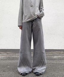 カーブステッチウォッシュ加工ワイドデニムパンツ
