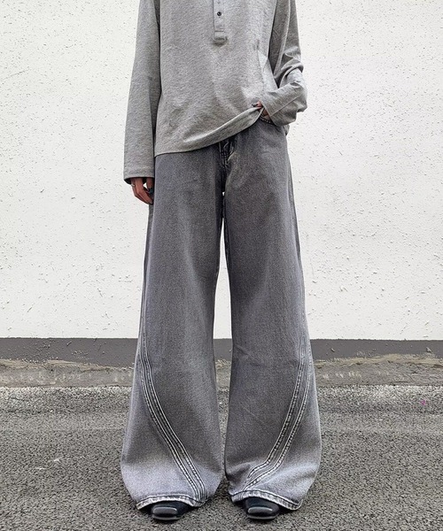 セール】カーブステッチウォッシュ加工ワイドデニムパンツ（デニム