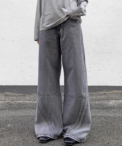 FreeZone(フリーゾーン)の「カーブステッチウォッシュ加工ワイドデニムパンツ(デニムパンツ・メンズ・グレー・M/S/L)」の5枚目の写真