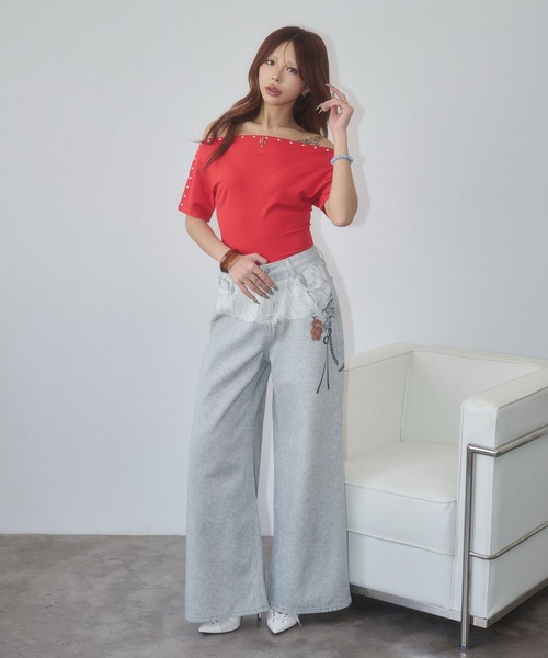 d.i.a.(ダイヤ)の「ハーフスリーブオフショルトップス(Tシャツ/カットソー・レディース・イエロー/ホワイト/レッド/グレー・FREE)」の10枚目の写真