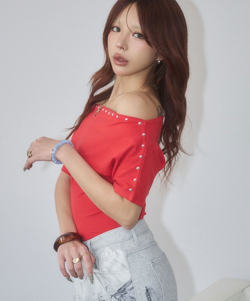 d.i.a.(ダイヤ)の「ハーフスリーブオフショルトップス(Tシャツ/カットソー・レディース・イエロー/ホワイト/レッド/グレー・FREE)」の7枚目の写真