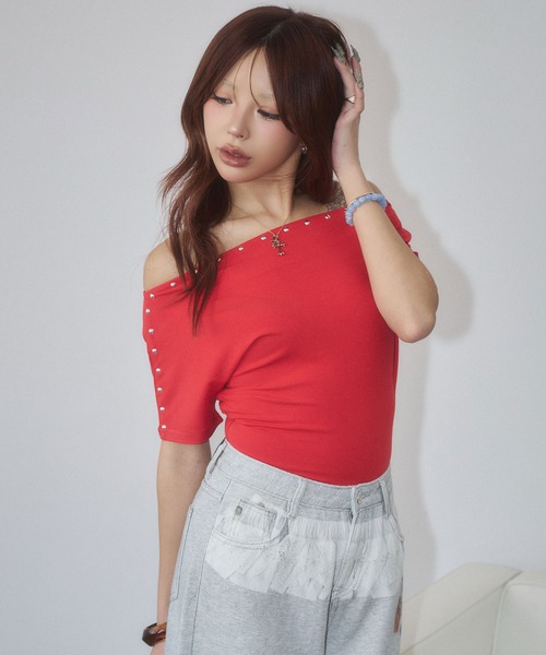 d.i.a.(ダイヤ)の「ハーフスリーブオフショルトップス(Tシャツ/カットソー・レディース・イエロー/ホワイト/レッド/グレー・FREE)」の8枚目の写真