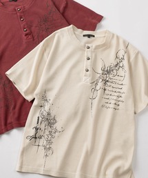 【82】ピグメント加工 トライバルプリント ワッフル ヘンリーネック Tシャツ/メンズ/レディース/ユニセックス