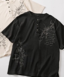 【82】ピグメント加工 トライバルプリント ワッフル ヘンリーネック Tシャツ/メンズ/レディース/ユニセックス