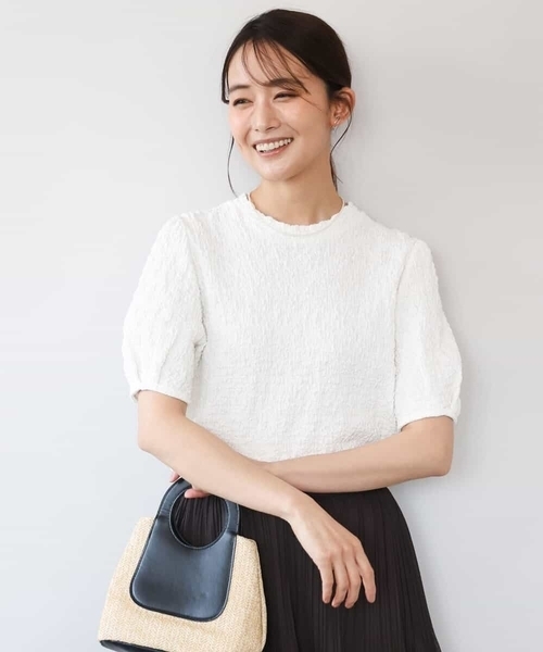 MK MICHEL KLEIN（エムケーミッシェルクラン）の「[UVカット/洗える]タックスリーブ ジャガードカットソー（Tシャツ/カットソー・レディース・イエロー/ホワイト/ブラック・38）」の2枚目の写真