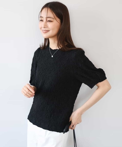 MK MICHEL KLEIN（エムケーミッシェルクラン）の「[UVカット/洗える]タックスリーブ ジャガードカットソー（Tシャツ/カットソー・レディース・イエロー/ホワイト/ブラック・38）」の3枚目の写真