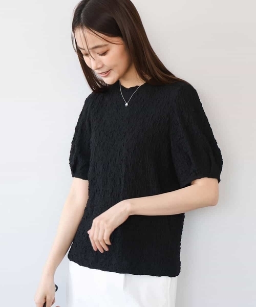 MK MICHEL KLEIN（エムケーミッシェルクラン）の「[UVカット/洗える]タックスリーブ ジャガードカットソー（Tシャツ/カットソー・レディース・イエロー/ホワイト/ブラック・38）」の4枚目の写真