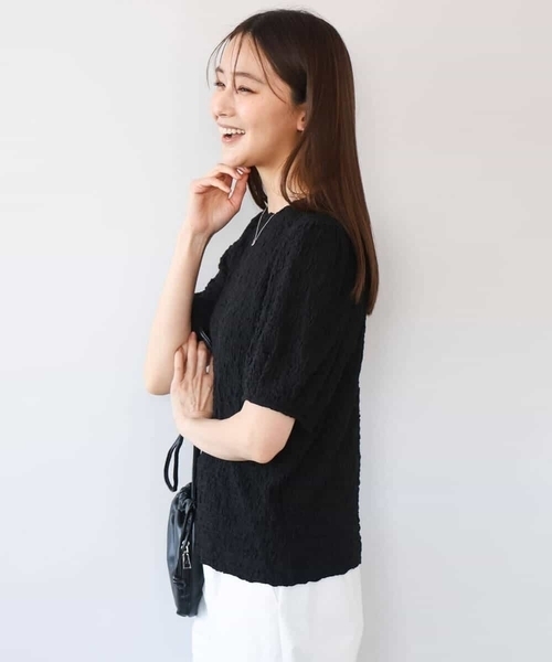 MK MICHEL KLEIN（エムケーミッシェルクラン）の「[UVカット/洗える]タックスリーブ ジャガードカットソー（Tシャツ/カットソー・レディース・イエロー/ホワイト/ブラック・38）」の5枚目の写真