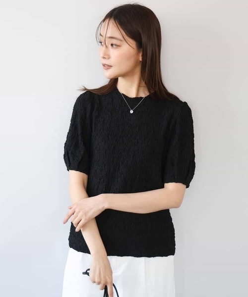 MK MICHEL KLEIN（エムケーミッシェルクラン）の「[UVカット/洗える]タックスリーブ ジャガードカットソー（Tシャツ/カットソー・レディース・イエロー/ホワイト/ブラック・38）」の6枚目の写真
