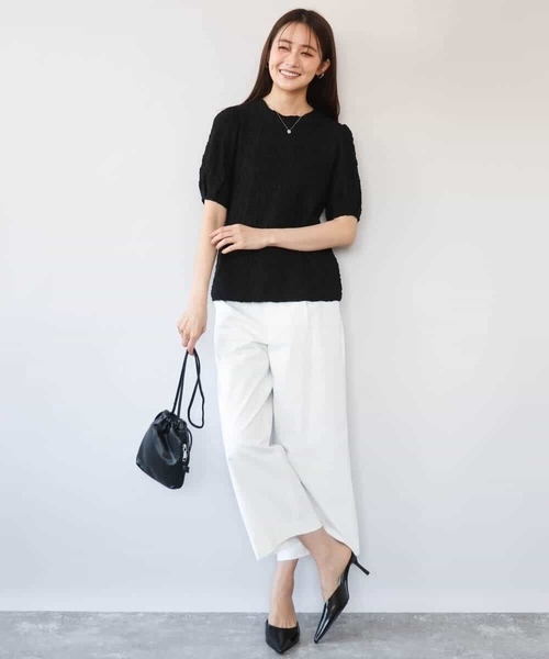 MK MICHEL KLEIN（エムケーミッシェルクラン）の「[UVカット/洗える]タックスリーブ ジャガードカットソー（Tシャツ/カットソー・レディース・イエロー/ホワイト/ブラック・38）」の7枚目の写真