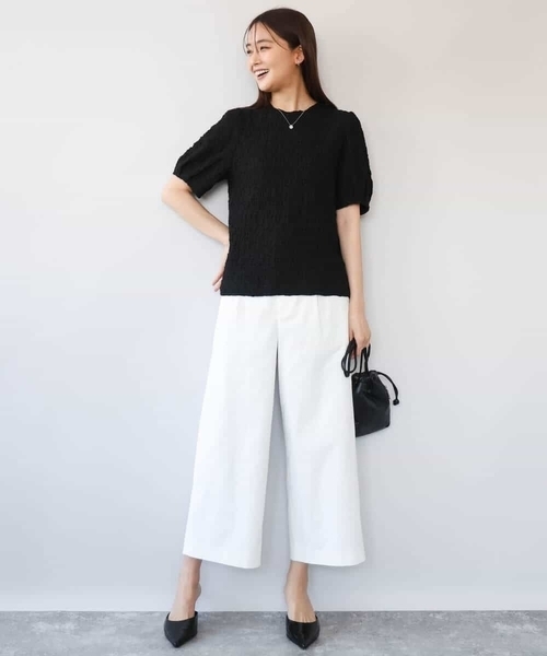 MK MICHEL KLEIN（エムケーミッシェルクラン）の「[UVカット/洗える]タックスリーブ ジャガードカットソー（Tシャツ/カットソー・レディース・イエロー/ホワイト/ブラック・38）」の9枚目の写真