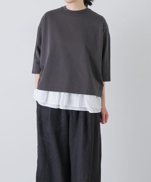かぐれ(カグレ)の「コットンインレー6分袖プルオーバー(Tシャツ/カットソー・レディース・チャコールグレー/ベージュ/オートミール・FREE)」の1枚目の写真