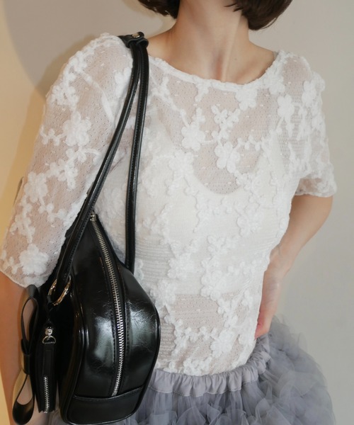 HONEY MI HONEY(ハニーミーハニー)の「molle embroidery lace short sleeve body suit(Tシャツ/カットソー・レディース・ピンク/ブラック/ホワイト・FREE)」の2枚目の写真