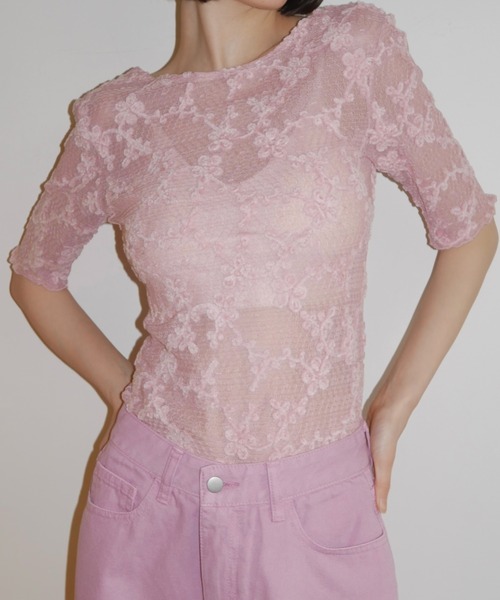 HONEY MI HONEY(ハニーミーハニー)の「molle embroidery lace short sleeve body suit(Tシャツ/カットソー・レディース・ピンク/ブラック/ホワイト・FREE)」の3枚目の写真