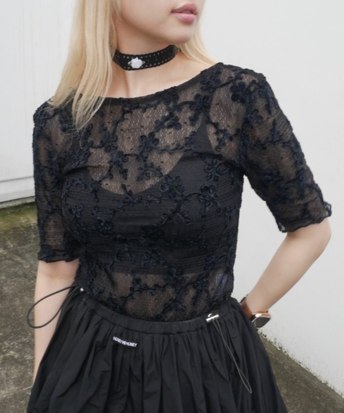 HONEY MI HONEY(ハニーミーハニー)の「molle embroidery lace short sleeve body suit(Tシャツ/カットソー・レディース・ピンク/ブラック/ホワイト・FREE)」の1枚目の写真