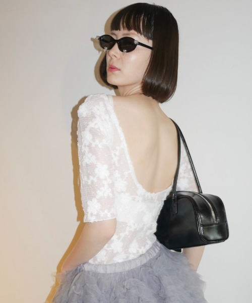 HONEY MI HONEY(ハニーミーハニー)の「molle embroidery lace short sleeve body suit(Tシャツ/カットソー・レディース・ピンク/ブラック/ホワイト・FREE)」の4枚目の写真