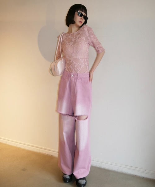 HONEY MI HONEY(ハニーミーハニー)の「molle embroidery lace short sleeve body suit(Tシャツ/カットソー・レディース・ピンク/ブラック/ホワイト・FREE)」の8枚目の写真
