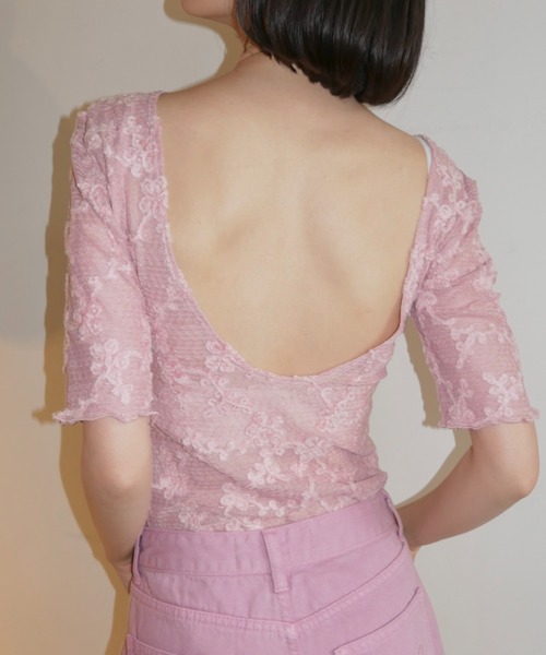 HONEY MI HONEY(ハニーミーハニー)の「molle embroidery lace short sleeve body suit(Tシャツ/カットソー・レディース・ピンク/ブラック/ホワイト・FREE)」の7枚目の写真